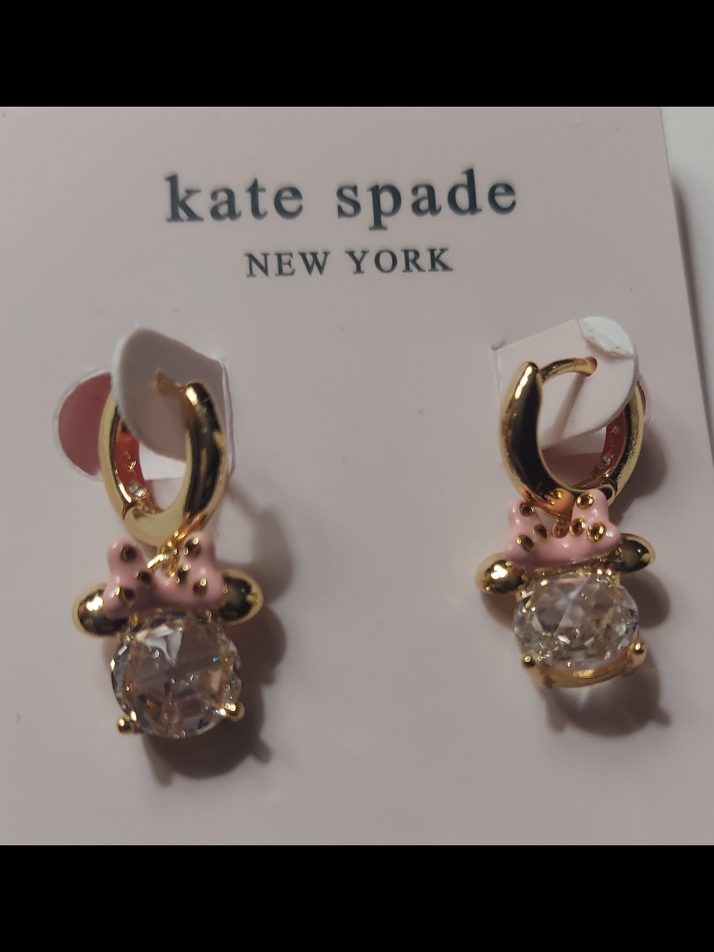 kate spade/Disney Gold Hoop Earrings with Pink Bow and Clear Crystal